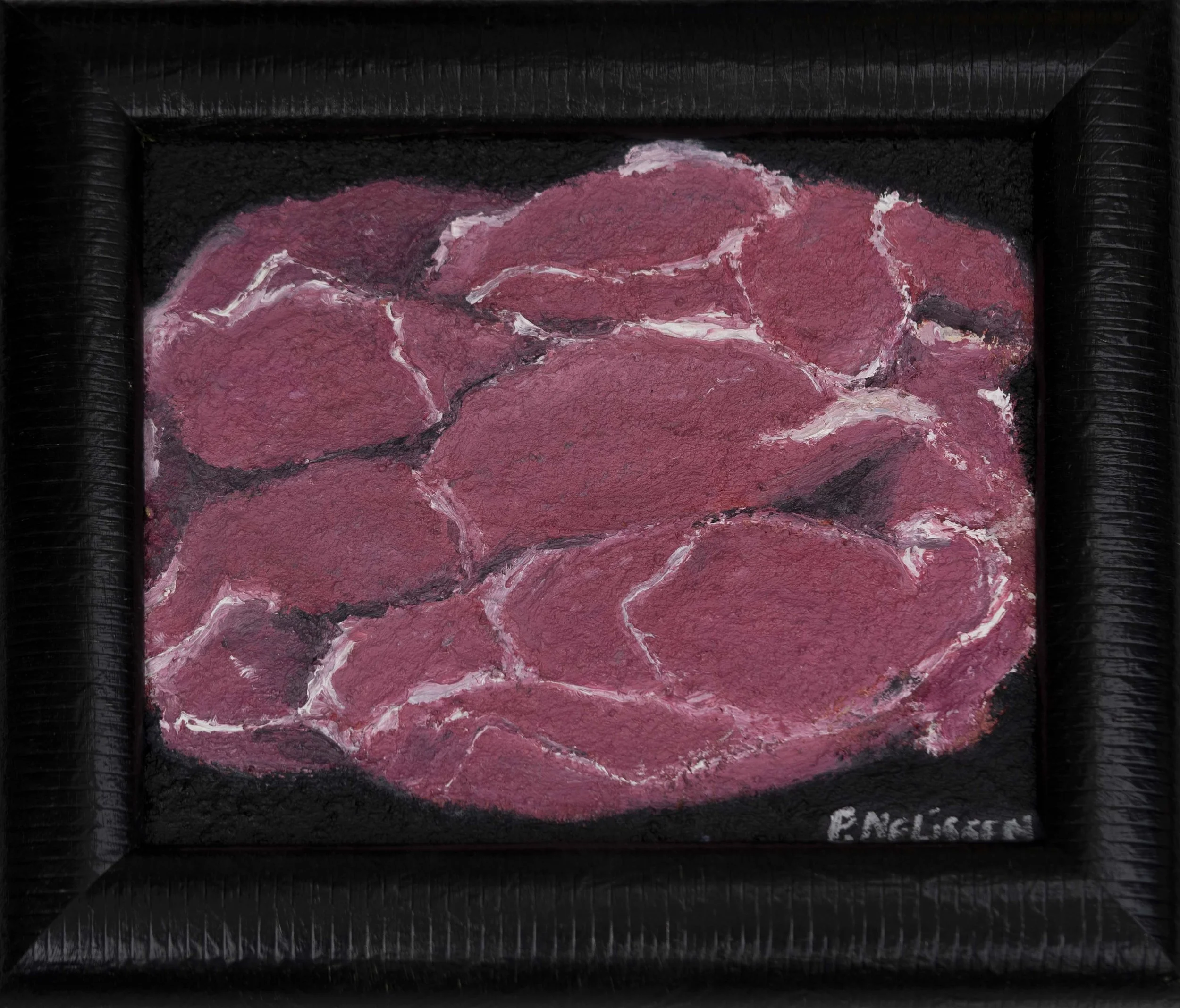 A framed painting of meat on a black background.