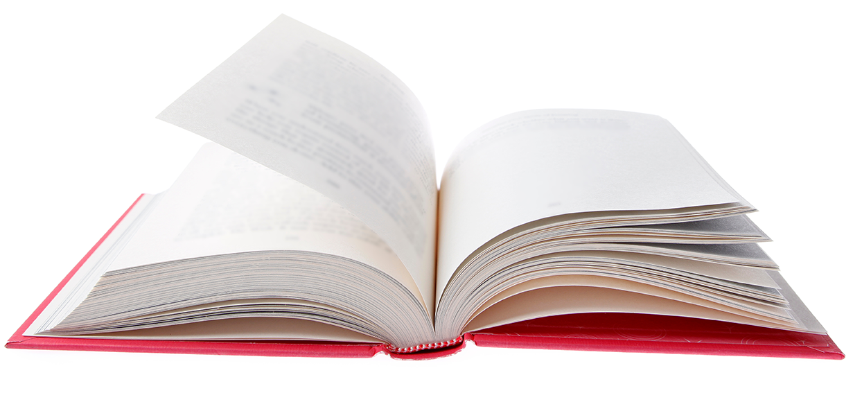 An open book with pages turning, set against a white background.