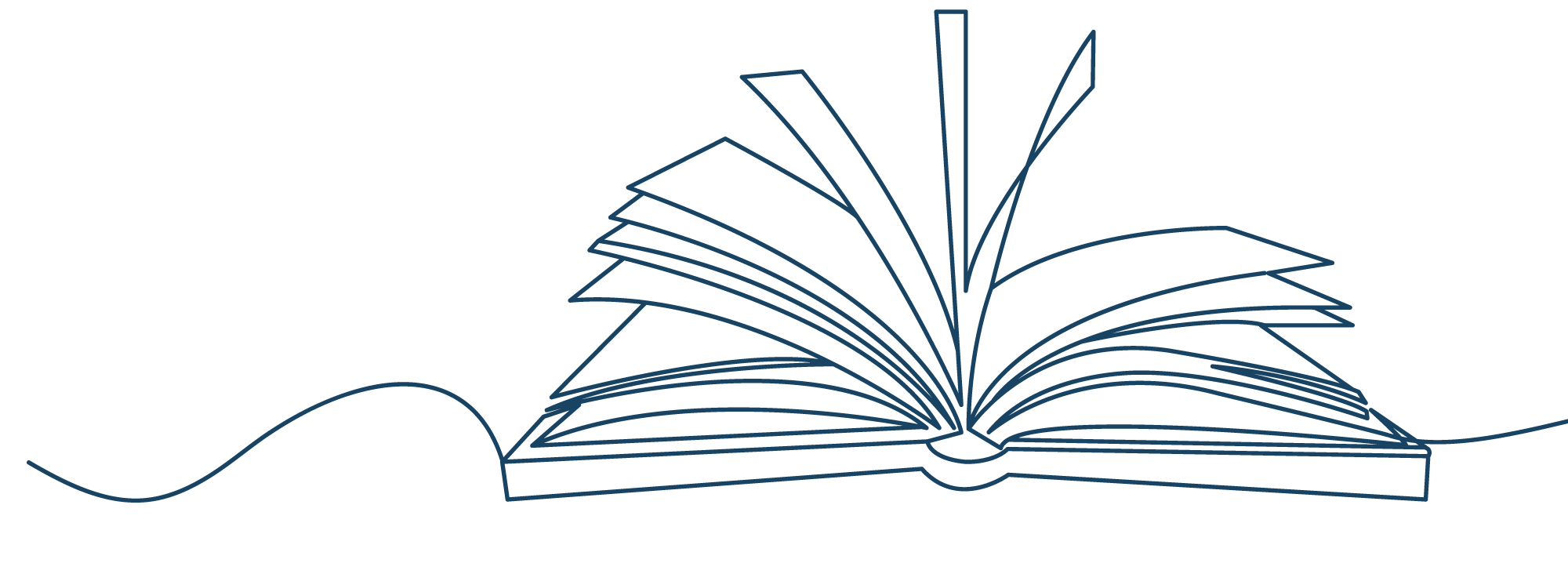 An illustration of a book with pages open and a flowing line extending from the left to the right.