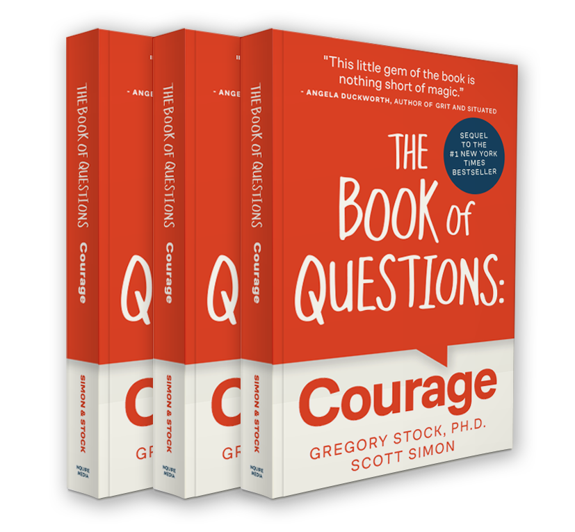 A set of three hardcover books titled 'The Book of Questions: Courage' by Gregory Stock and Scott Simon.