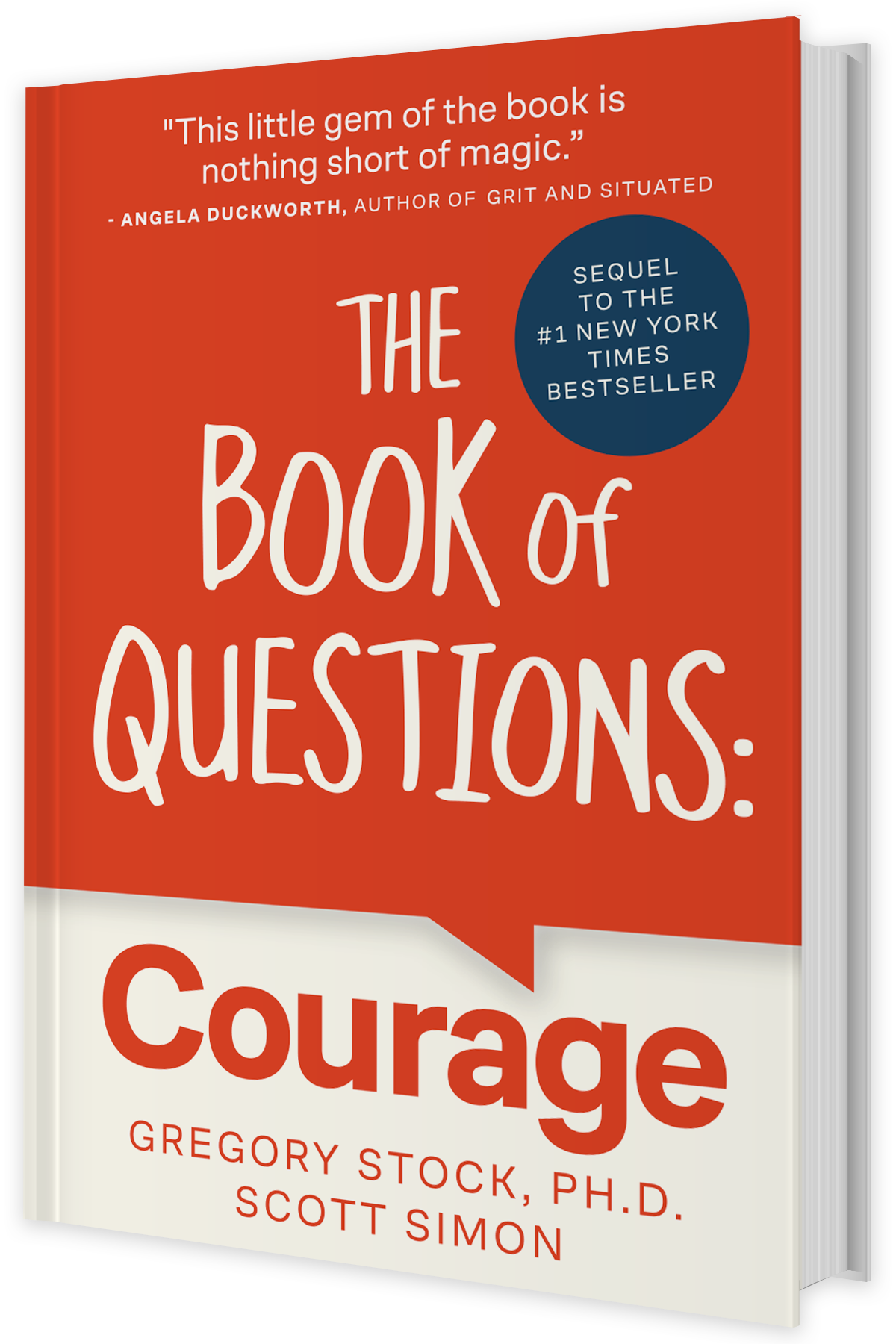 Cover of a book titled 'The Book of Questions: Courage' with a quote from Angela Duckworth about the book's magic, and a blue circle indicating it's a sequel to a bestseller.