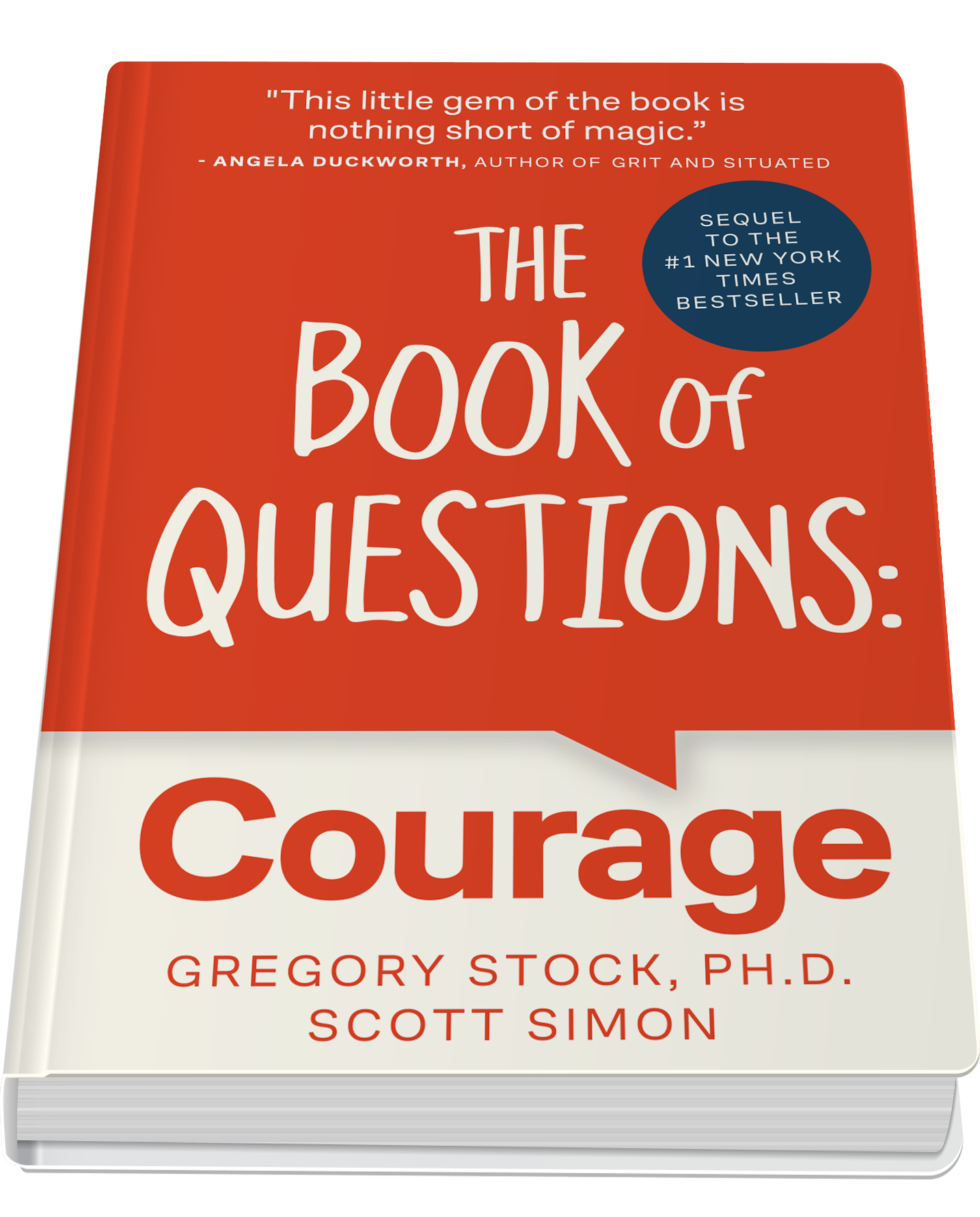 Close-up of a book cover titled 'The Book of Questions' by Gregory Stock, Ph.D., Scott Simon, with an orange upper section featuring a quote by Angela Duckworth and a dark blue circle indicating it is a sequel to a bestseller.