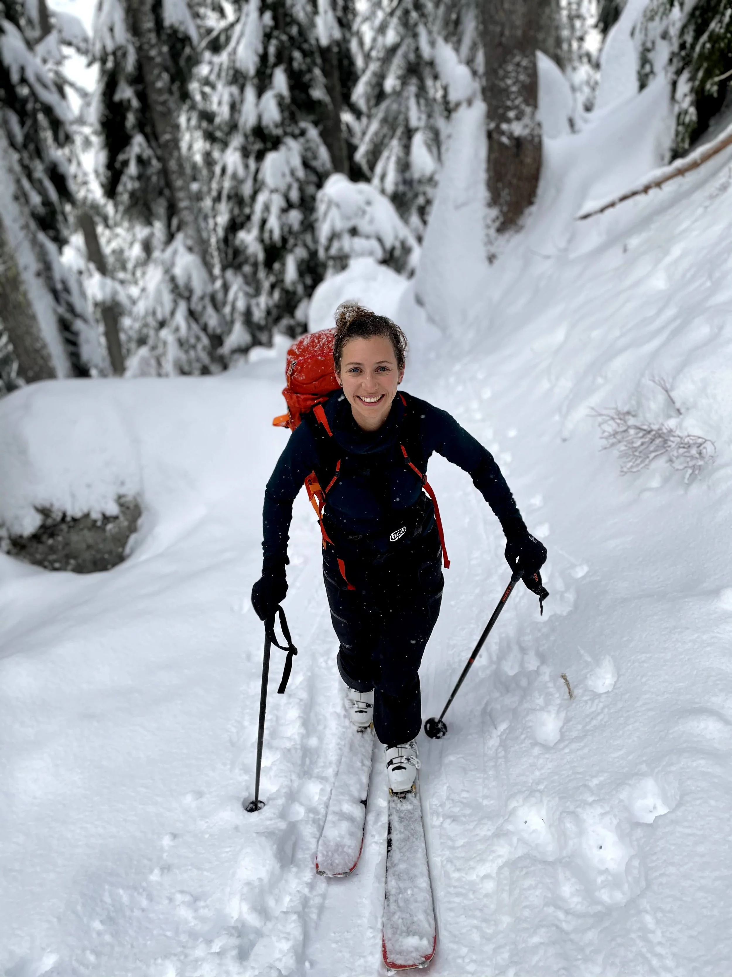 Image of Councillor Jenna Stoner ski touring near Whistler