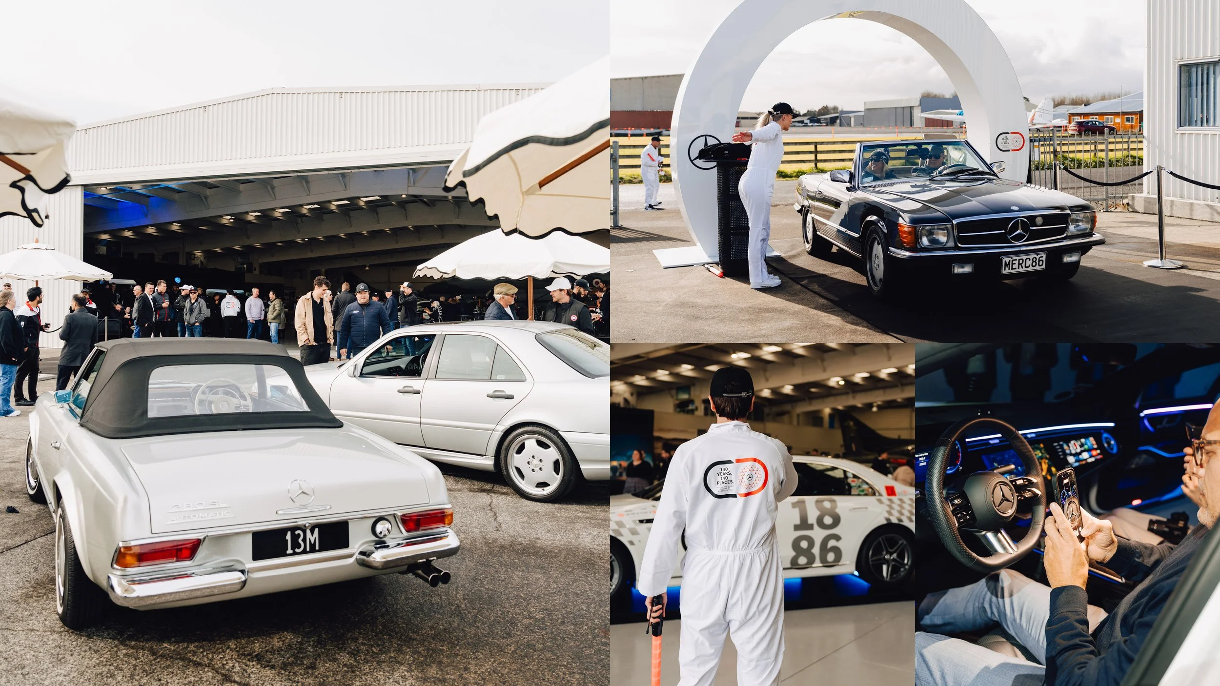 Vintage and modern Mercedes-Benz cars on display with attendees at outdoor event.