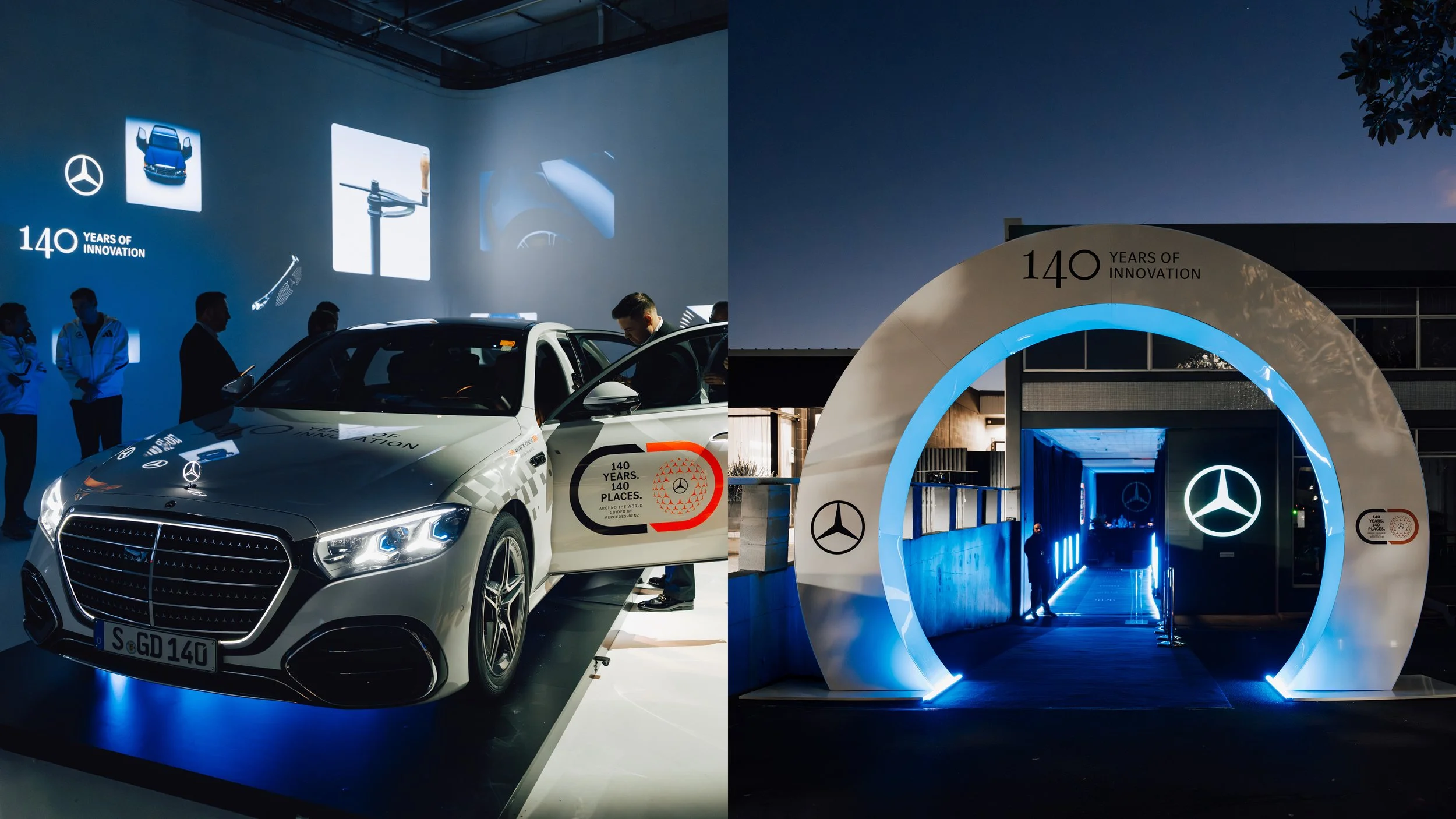 Collage of Mercedes 140th-anniversary event: displays, illuminated archway, and branding.