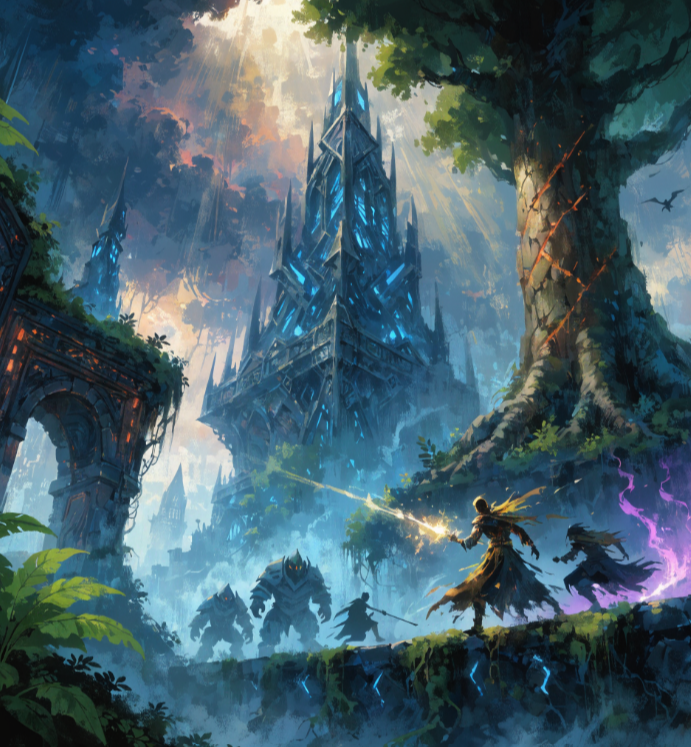 Fantasy scene of a warrior girl casting a spell or attack with glowing light, leading a group of armored creatures toward a towering, glowing, blue castle surrounded by lush trees and ancient ruins.