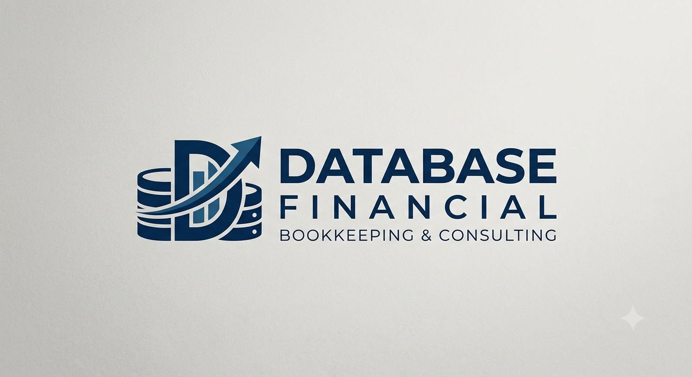 Logo for Database Financial, a bookkeeping and consulting company, featuring a stylized database icon with an upward arrow, in blue, on a light background.