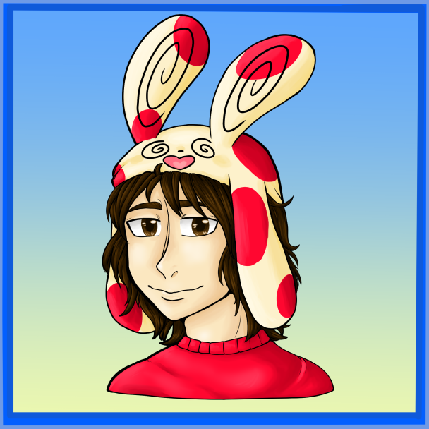 Digital illustration of a young person with medium-length brown hair, wearing a red shirt, and a bunny hat with long ears and a smiling face.