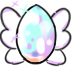 A cartoon illustration of an Easter egg with butterfly wings.