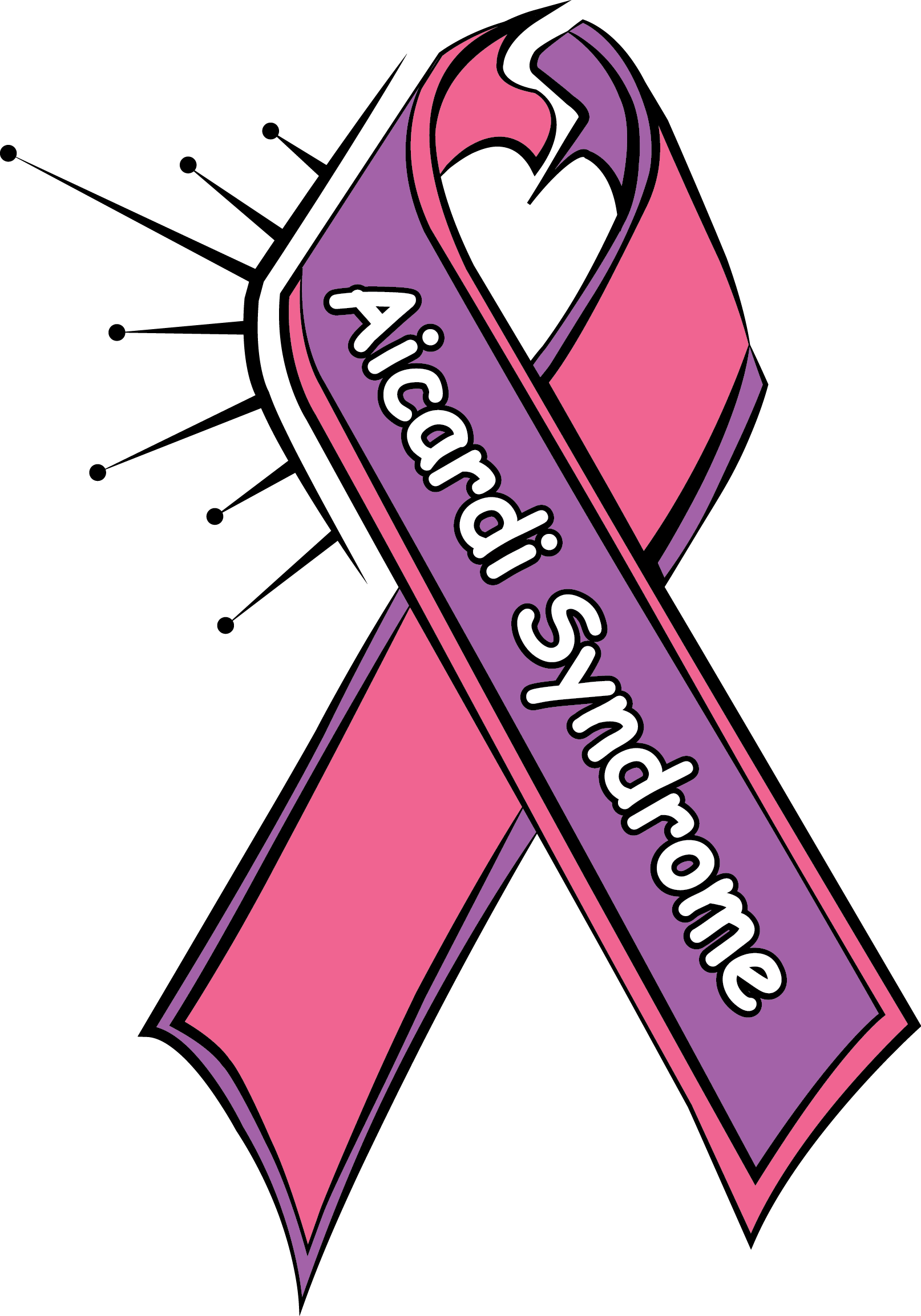 A pink and purple awareness ribbon that says Aicardi Syndrome in white letters