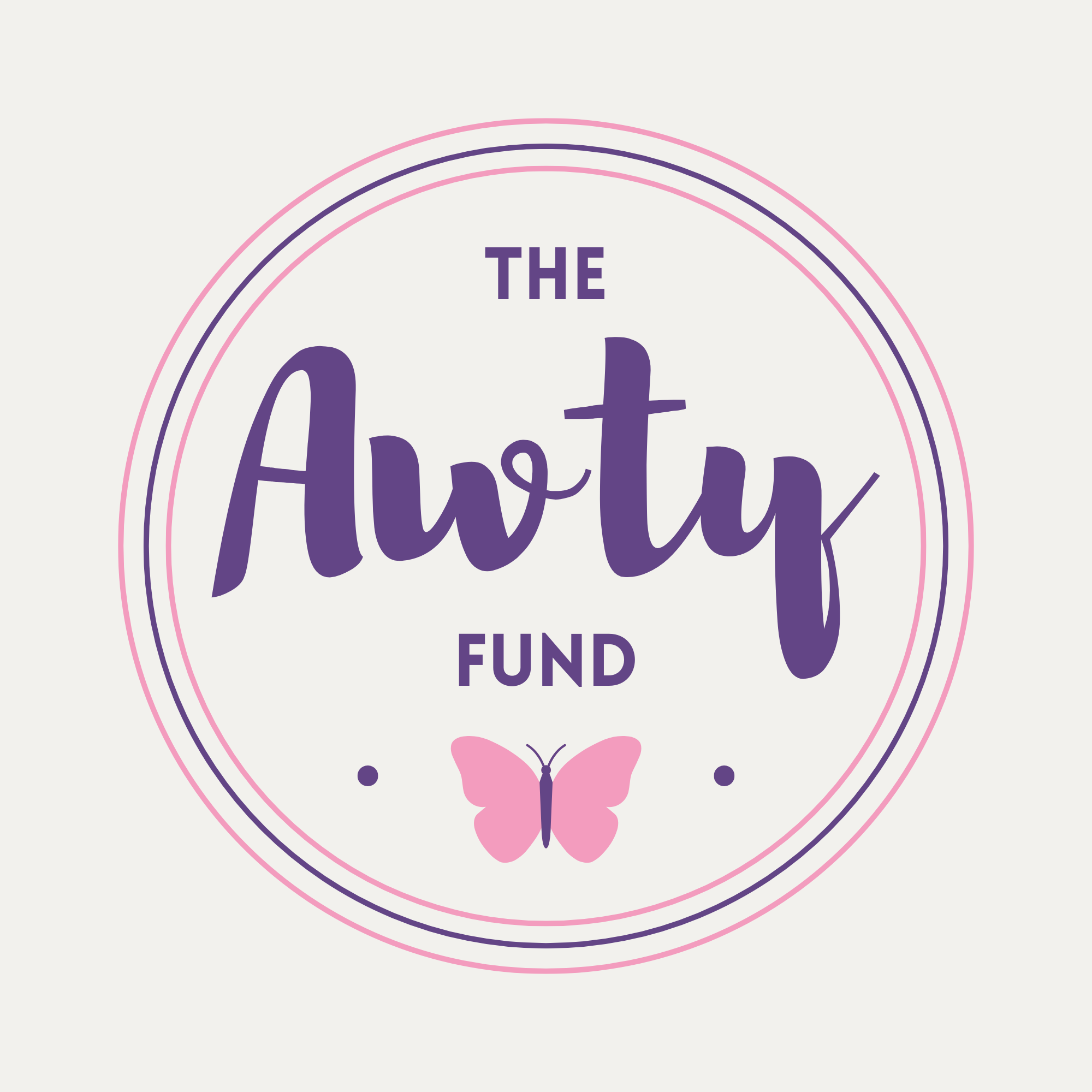 Purple words reading The Awty Fund with a pink butterfly, inside of pink and purple thin circles