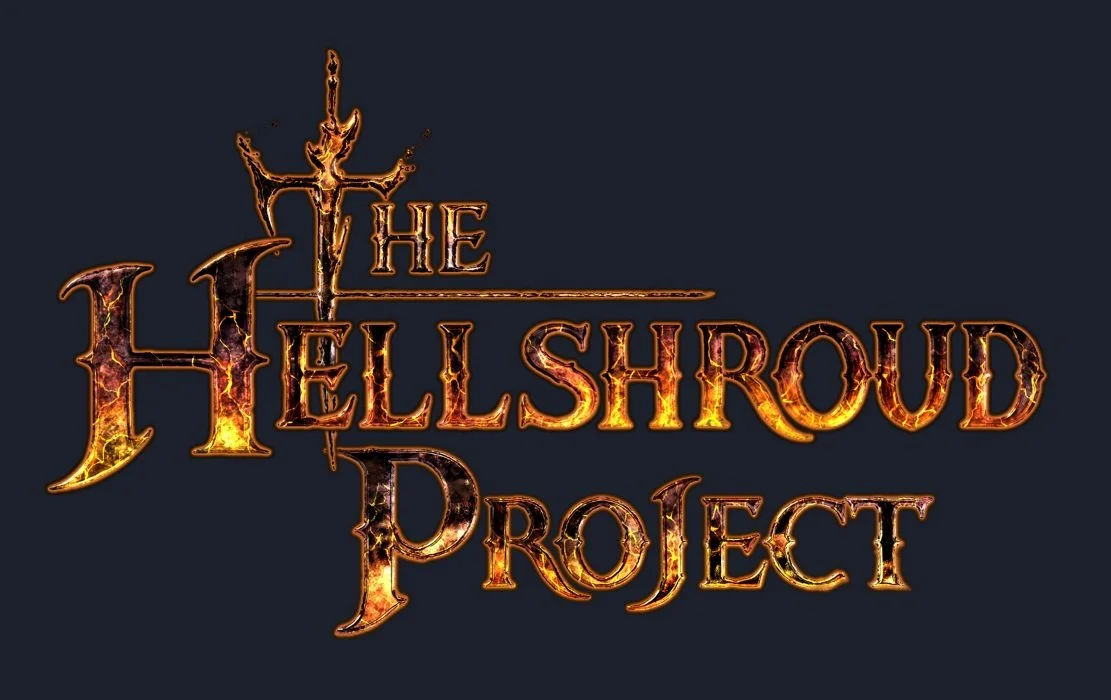 Logo for The Hellshroud Project featuring a fiery sword and gothic-style text.