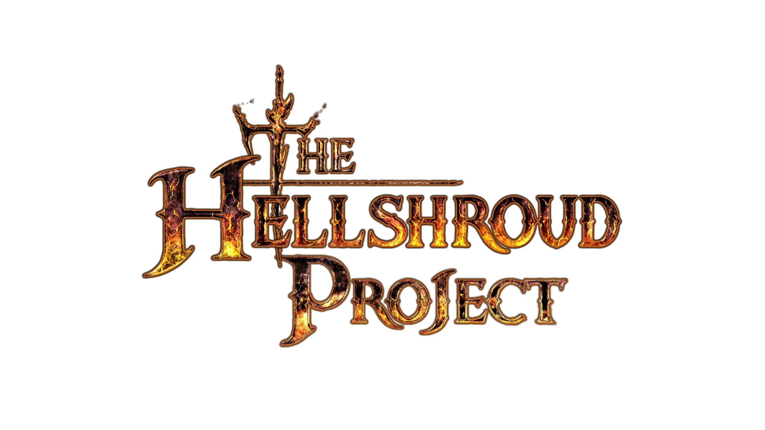 Logo for 'The Hellshroud Project' with fiery and metallic texture, featuring a cross element behind the text.
