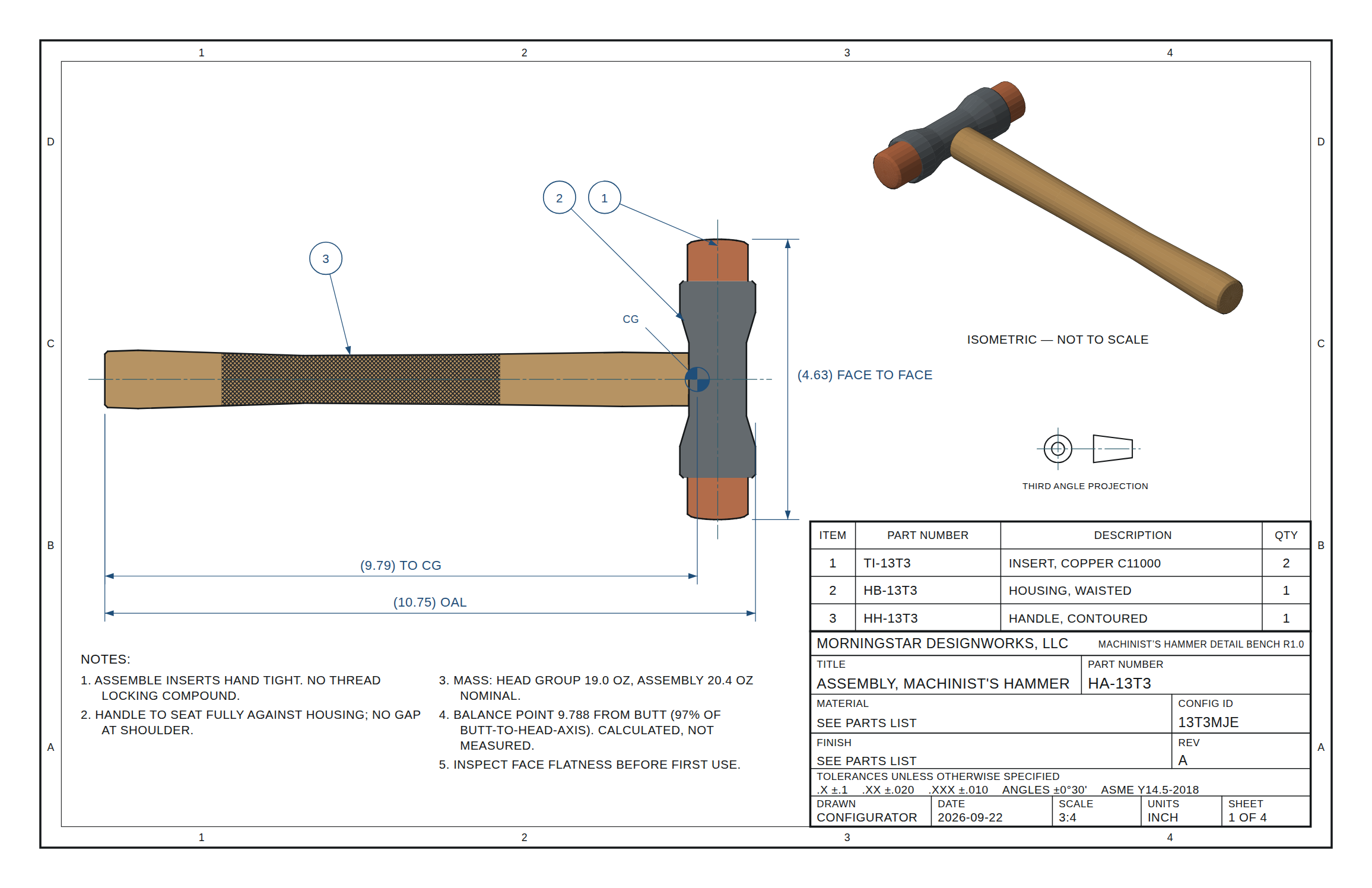 Machinist's Hammer Detail Bench — Parametric Shop Prints for Soft-Face & Dead-Blow Hammers