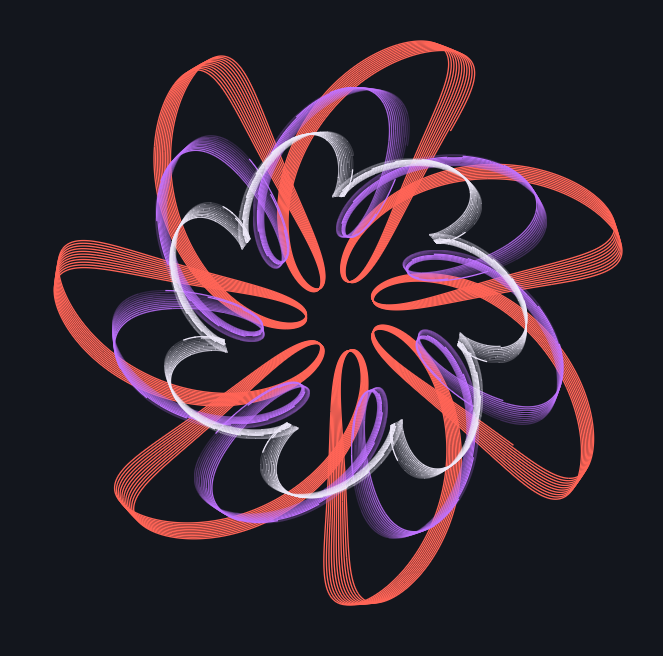 The same rose drawn at three sizes in red, violet and white