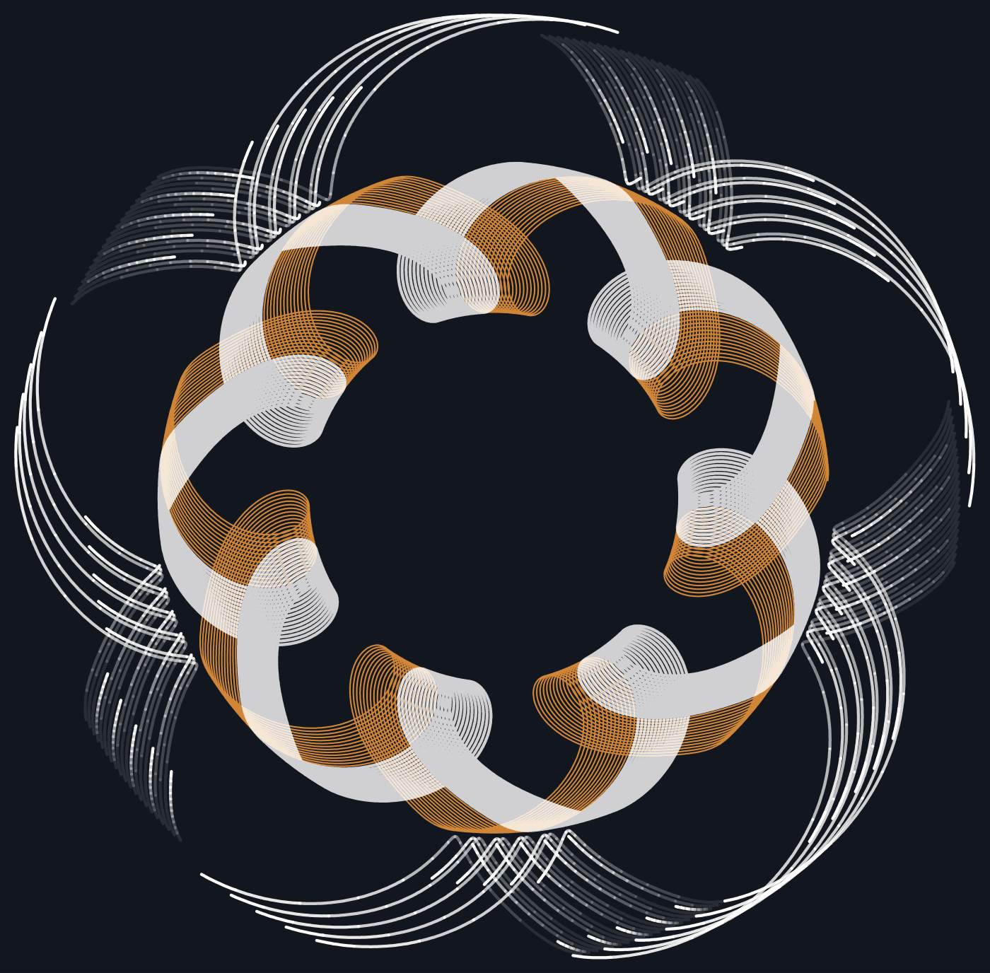 A woven eight-lobed pattern traced by a
        four-bar linkage over a rotating platen