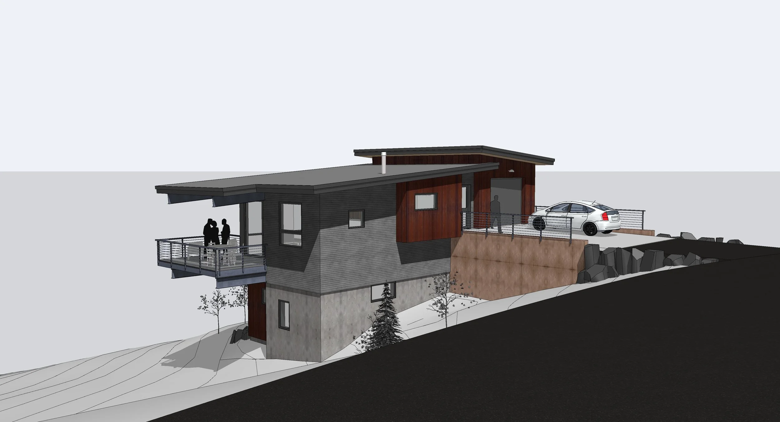 3D architectural rendering of a hillside modern home during design development, Gunnison Valley