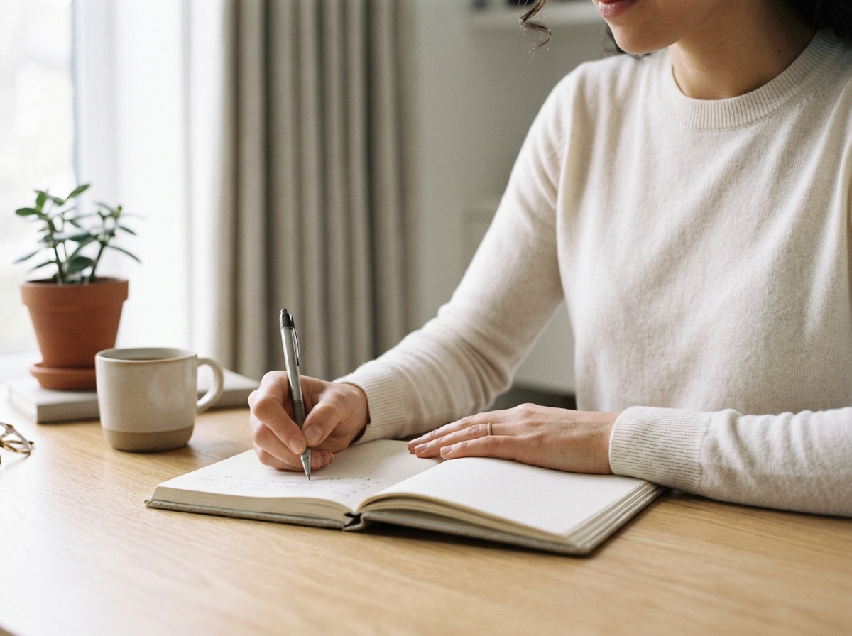 Person writing in a notebook at a desk in a calm therapy-inspired setting.