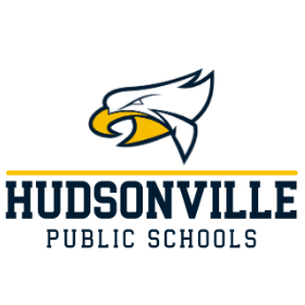Hudsonville Public Schools logo with a stylized eagle head in white and yellow, and the words 'HUDSONVILLE PUBLIC SCHOOLS' in bold blue letters.