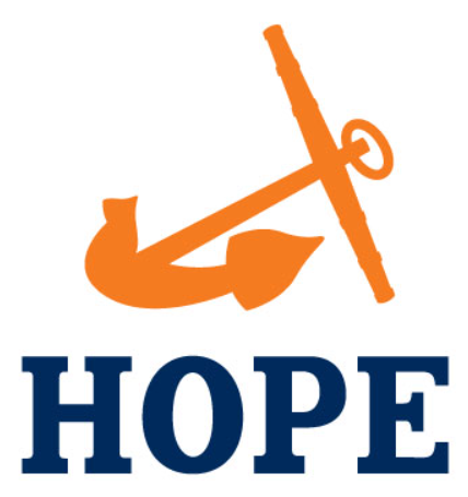 An orange anchor integrated with a cross and a curved arrow, with the word 'HOPE' in bold blue letters below.