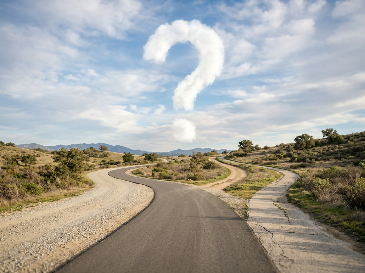 A winding asphalt road and a dirt trail running parallel through a dry hilly landscape with sparse trees under a partly cloudy sky, with a cloud shaped like a question mark.  To symbolize that all paths can lead to successful careers.