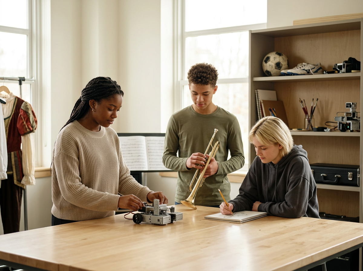 Three teenagers in a classroom working on a STEM project with robotics and musical instruments, with a tennis ball and some shelves in the background. To symbolize engagement and belonging.