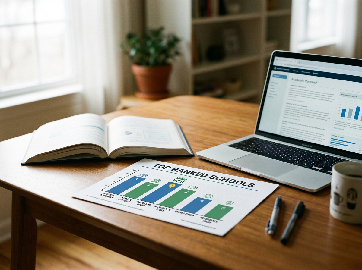 A wooden desk with an open book, a laptop displaying a research website, a printed chart titled 'Top Ranked Schools,' two pens, a coffee mug, and a potted plant in the background near a window. To symbolize academic excellence.