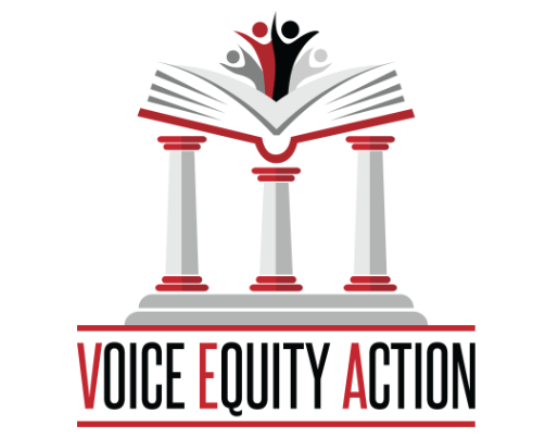 Logo featuring an open book supported by three pillars, with three stylized human figures in red and black above it, and the text 'Voice Equity Action' beneath.