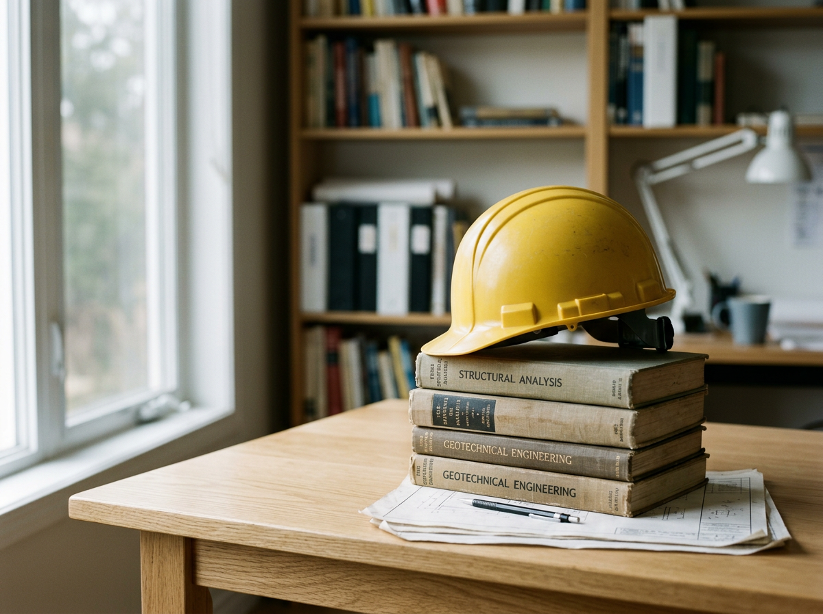 A yellow safety helmet placed on top of four books about geotechnical engineering and structural analysis, with architectural blueprints and a pen on a wooden desk in an office.  To symbolize having save and supportive schools.