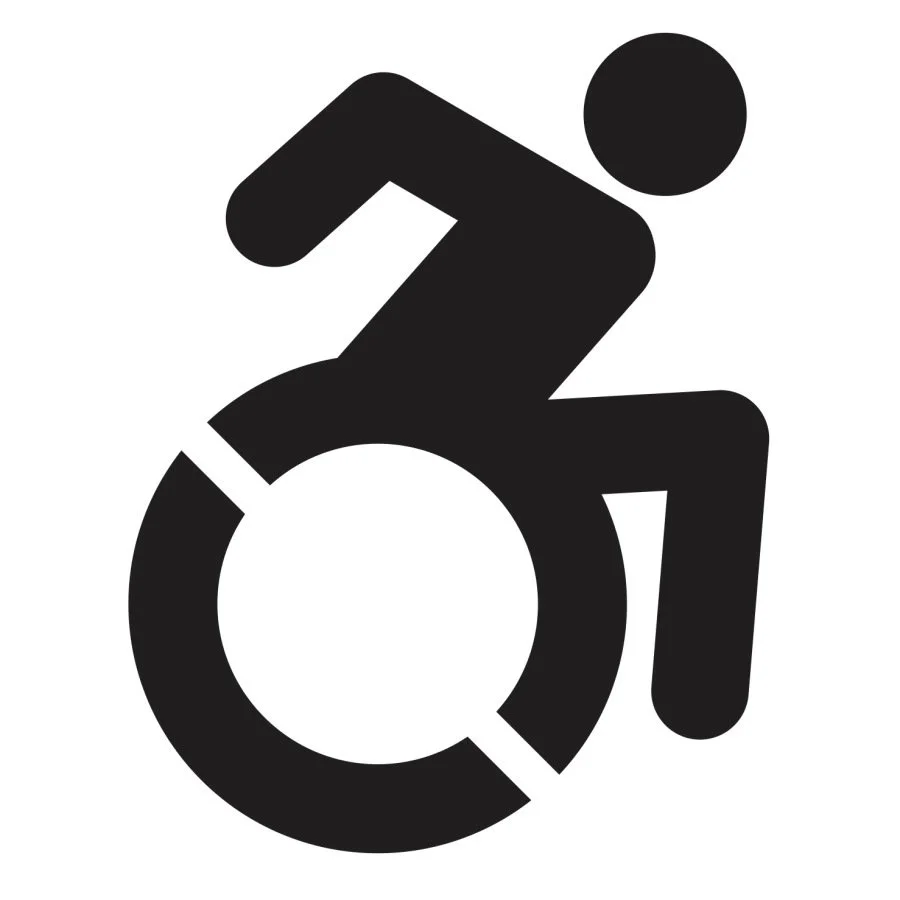 Black and white icon of a person in a wheelchair.