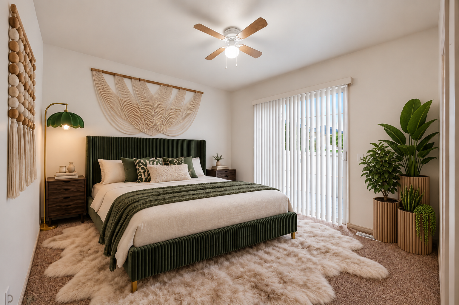 A cozy bedroom with a green velvet headboard, white bedding, and green and patterned pillows. There's a large fluffy rug on the carpeted floor, a wooden nightstand with a small plant, a decorative wall hanging above the bed, and a tall potted plant next to sliding glass doors with vertical blinds.