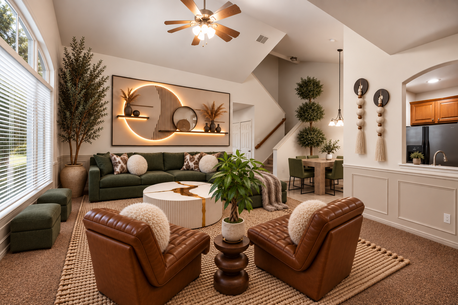 Living room with large window, green sofa, leather armchairs, decorative wall art with light accents, plants, and a dining area in the background.