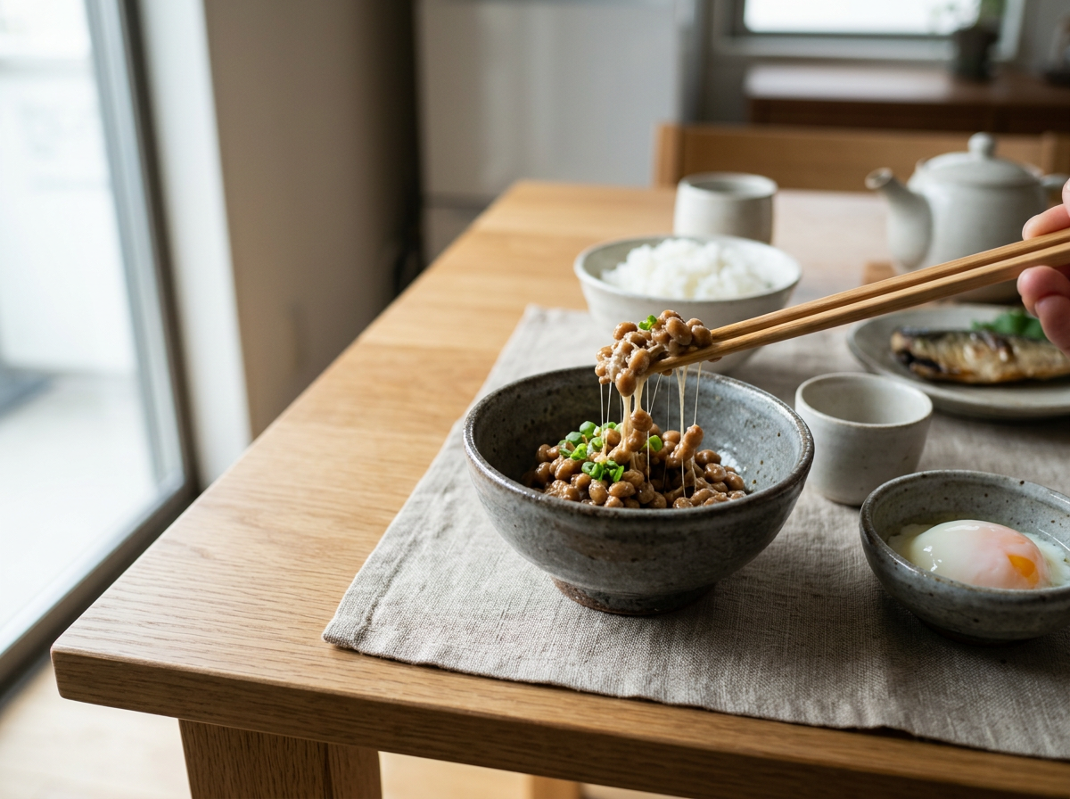 A bowl of natto (fermented soybeans) being lifted with chopsticks, on a wooden table set with rice, a soft-boiled egg, grilled fish, and teapot and cups in a cozy kitchen setting.