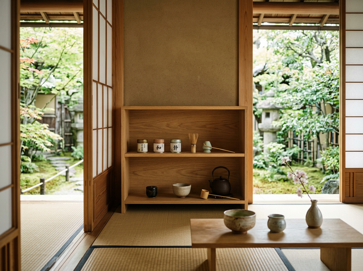 Traditional Japanese room with tatami mat flooring, wooden shoji sliding doors open to a lush garden with trees and stone lanterns, a wooden shelf with tea ceremony utensils, and a small table with vases and pottery.