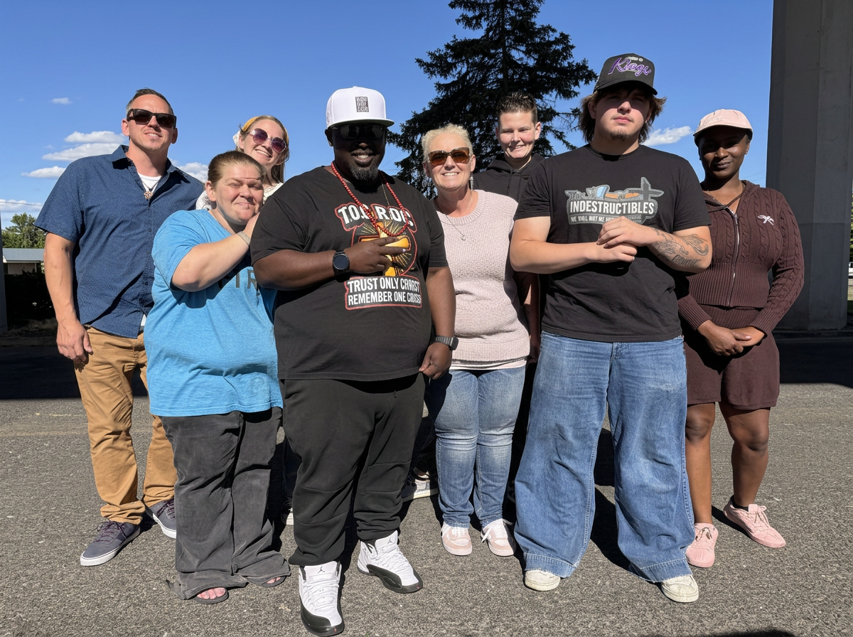 Group of eight people standing outdoors on a sunny day, smiling and posing for the photo. They are casually dressed, with some wearing sunglasses and hats. A large tree and an overpass are visible in the background.
