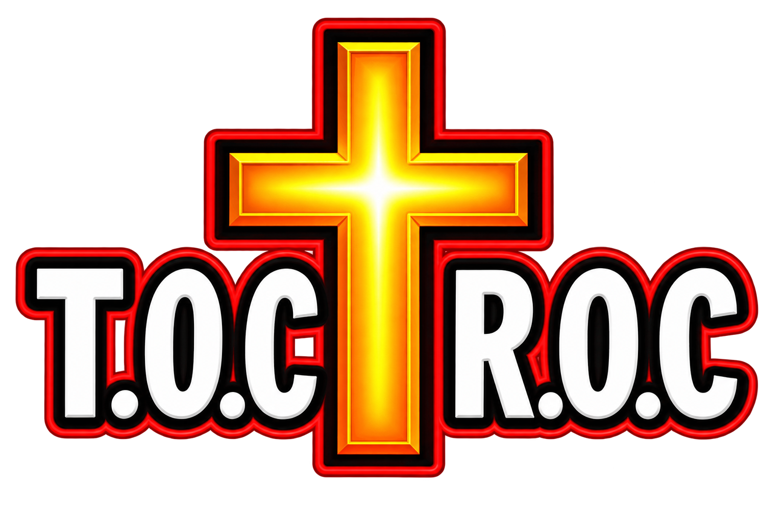 Neon sign with a large yellow cross in the center, surrounded by red and black outlines, and the text '!OC R.O.C' in white with black and red borders.