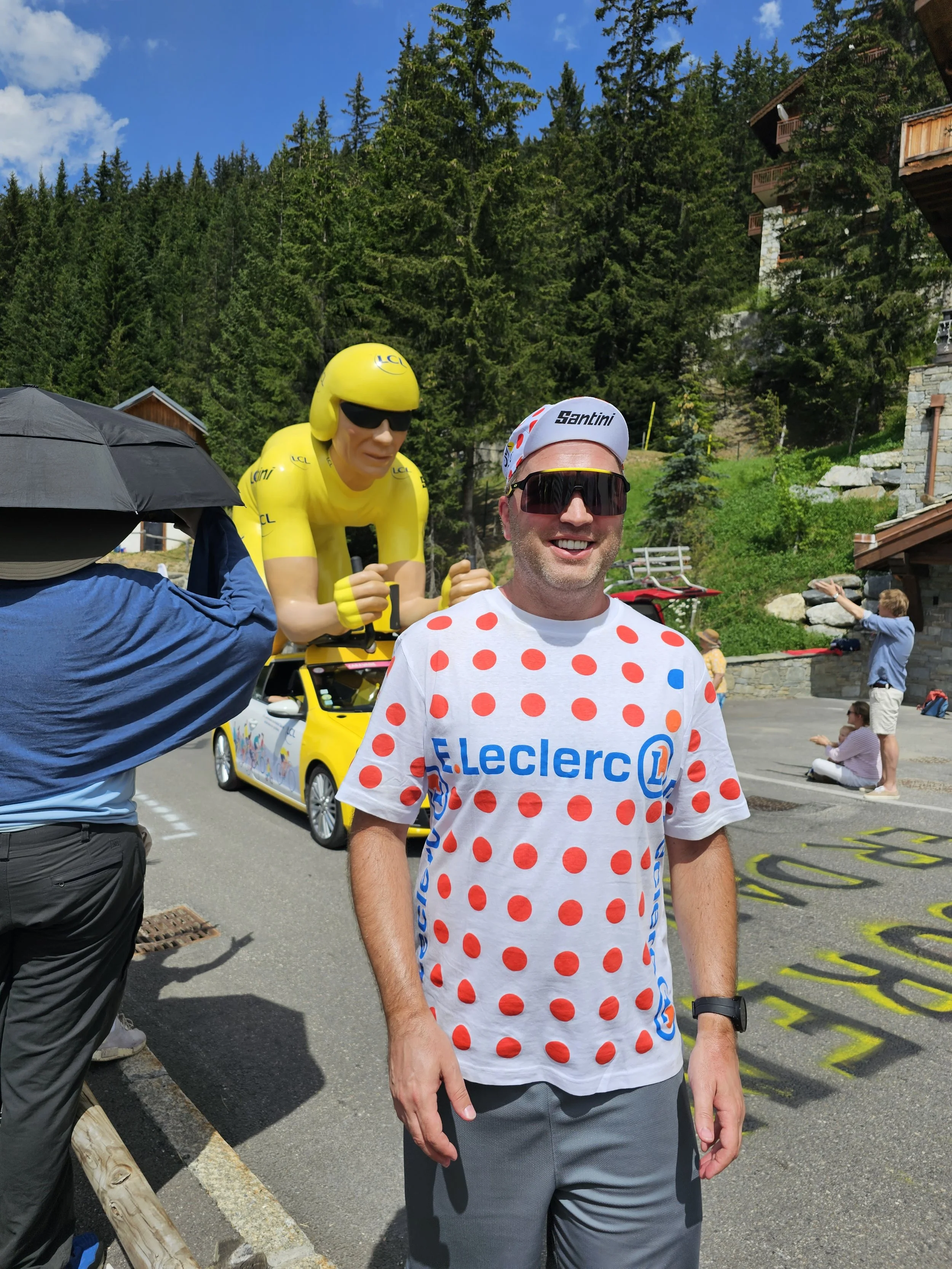 Matt at the Tour de France in the King of the Mountains t-shirt