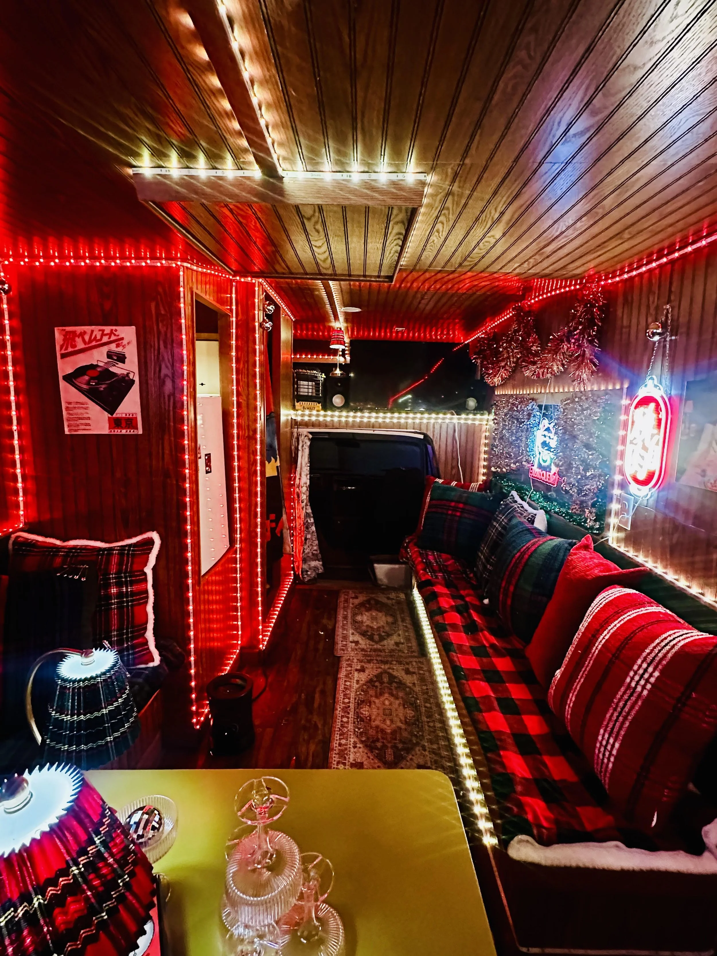 A vintage rv interior available for reservations to emulate the private karaoke rooms popular in Japan right here in Omaha, tucked behind two of the best bars in town in historic Little Bohemia neighborhood.