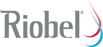 Riobel logo in grey with stylized red and blue water droplets symbolizing hot and cold water.
