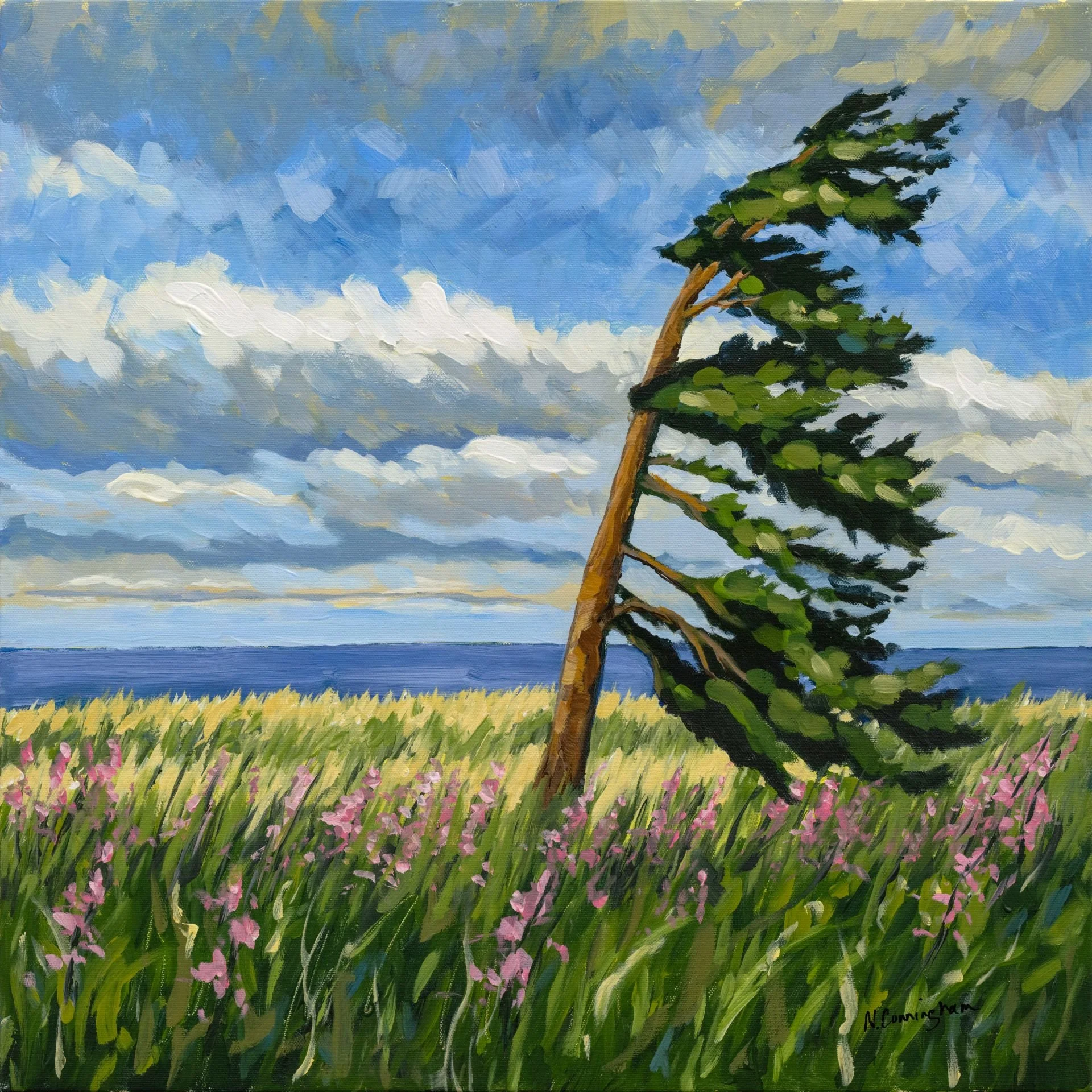 Windswept Georgian Bay Pine landscape painting by Parry Sound artist Nancy Cunningham