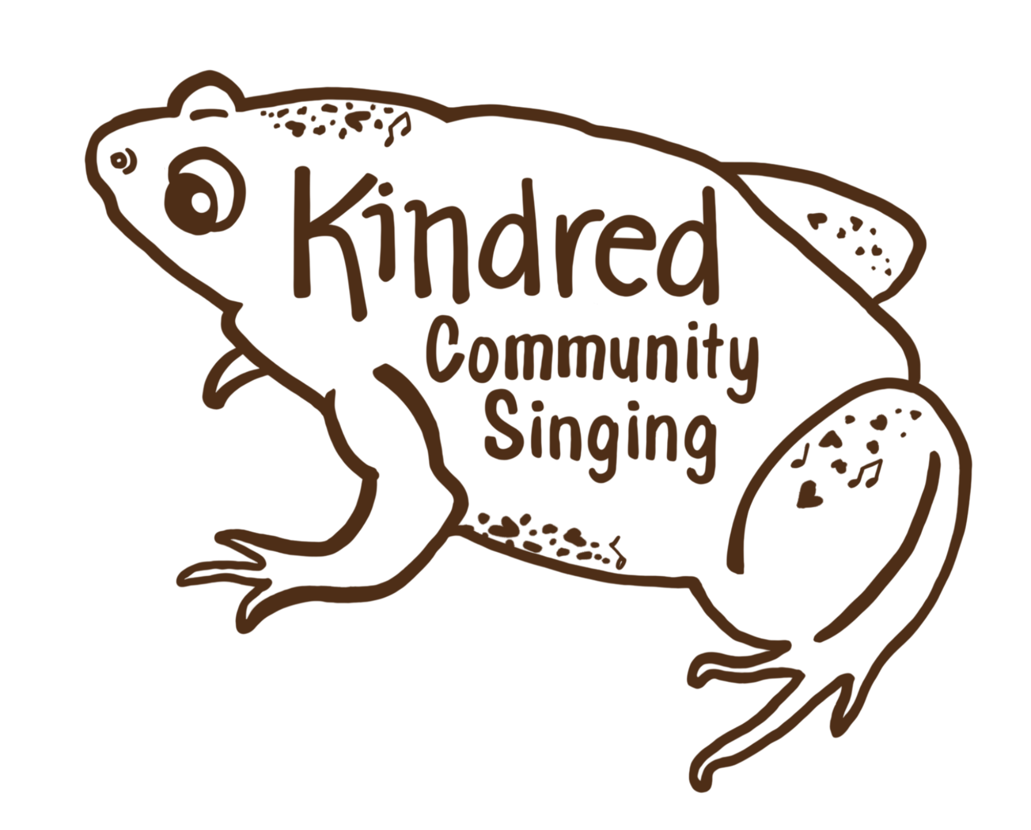 A brown outline of a toad with the words "Kindred Community Singing" written inside the head. The spots on the toad resemble music notes.