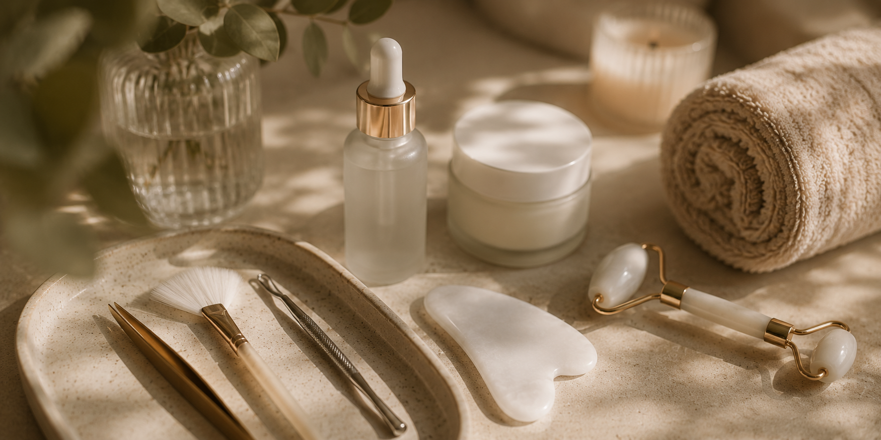 A collection of skincare tools and products arranged on a beige surface, including a jade roller, a facial massage tool, a rolled towel, a jar of cream, a dropper bottle, and a small candle in a glass holder.