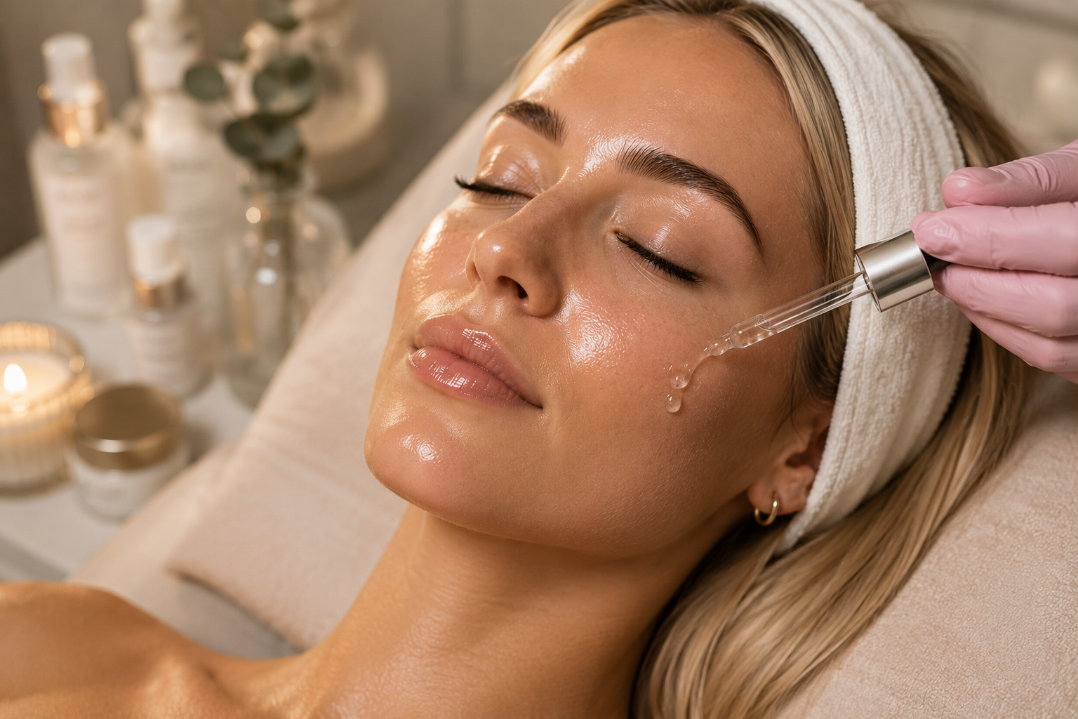 A woman receiving a facial treatment with a dropper releasing serum onto her cheek, lying peacefully with closed eyes and a headband, in a spa setting with skincare products and candles in the background.