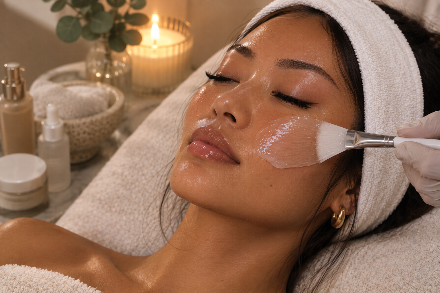 A woman receives a facial treatment at a spa, with a skincare product being applied to her face using a brush. She is lying down with a towel wrapped around her head, and there are candles and skincare products nearby.