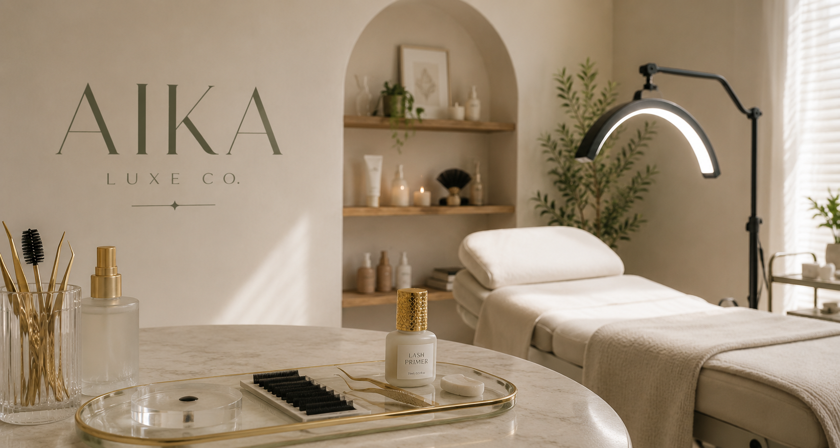 Aesthetic spa or skincare treatment room with a treatment bed, LED light, plant decor, and shelves with skincare products.