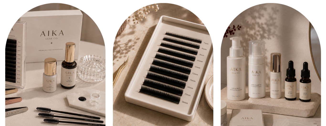 Beauty product set including eyelash extension supplies and care products, such as eyelash extensions, adhesive, and cleaning products, displayed on a beige surface with soft lighting.