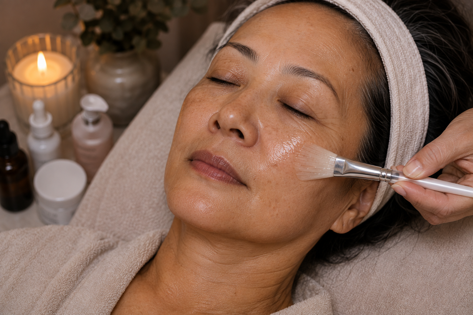 Woman receiving a facial treatment with a brush on her cheek, relaxing with closed eyes, in a spa setting with candles and skincare products in the background.