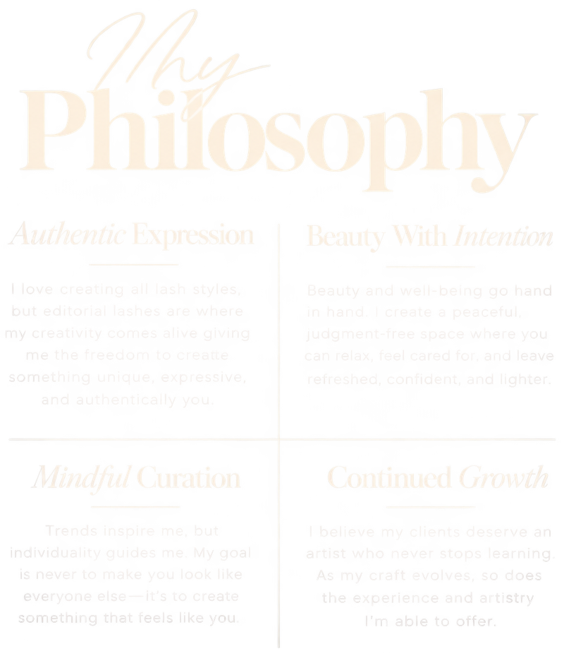 Explanation of personal philosophy, including about authentic expression, beauty with intention, mindful curation, and continuous growth.