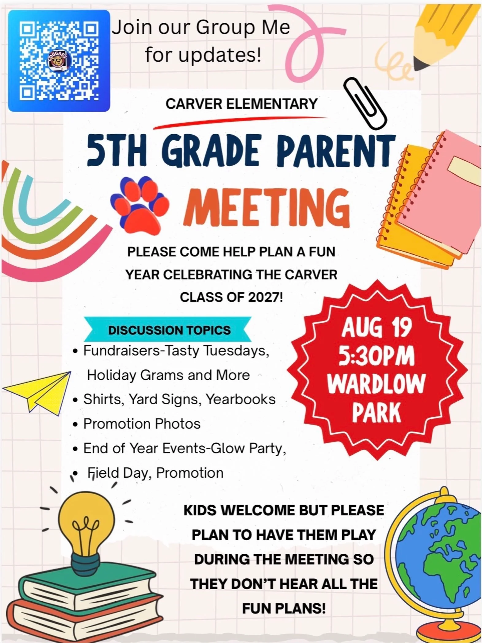 📣 5th Grade Parents &mdash; this one&rsquo;s for you! 🐾🎓

Let&rsquo;s make the Carver Class of 2027 their best year yet! 💙❤️ Join us for our 5th Grade Parent Meeting as we plan all the fun &mdash; fundraisers, shirts &amp; yard signs, yearbooks, 
