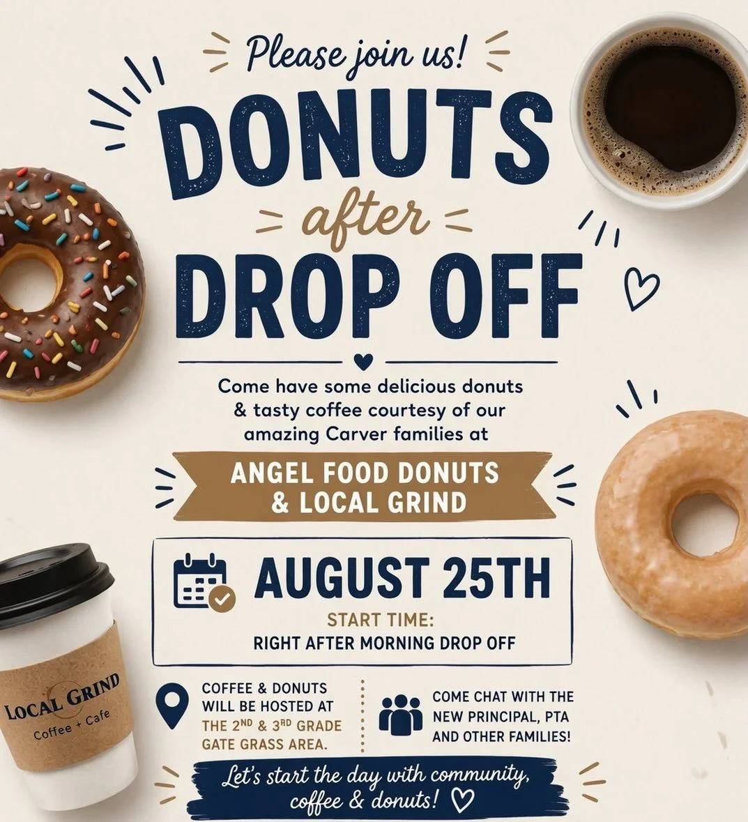 ☕🍩 Donuts, coffee &amp; Carver family fun! 💙🤎

Join us August 25th right after drop-off for some delicious treats, coffee, and a chance to meet our new principal and connect with fellow Carver families!

A huge THANK YOU to @angelfooddonutslb 🍩 a
